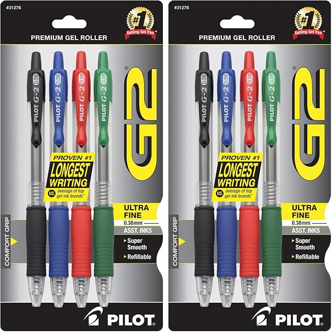 PILOT,G2 Premium Gel Roller Pens,Ultra Fine Point Gel Pens 0.38 mm,Black,Blue,Green,Red,(Pack of 8)