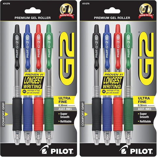 PILOT,G2 Premium Gel Roller Pens,Ultra Fine Point Gel Pens 0.38 mm,Black,Blue,Green,Red,(Pack of 8)