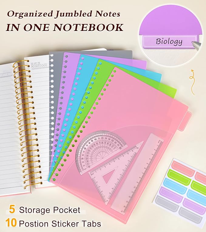 5 Subject Notebook College Ruled, A5 Hardcover Spiral Notebook with Removable Pocket Dividers Tabs, 240 Pages Lined Spiral Journal Notebook for Women, 6x8.5 Notebooks for Work School Note taking Pink