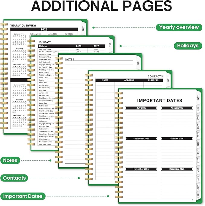 2026 Planner, Weekly and Monthly Calender Planner, Jan 2026 to Dec 2026, Hardcover 2026 Calendar Book with Tabs & Inner Pocket, Office Home School Supplies for Women & Men - A5 (6.3" x 8.5"), Racing Green