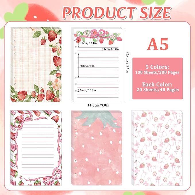 100 Sheets Strawberry A5 Refills Papers for Planner Insert Binder, 120GSM Thick Watercolor Strawberry Pink Bow Notebook Fillers, Cute Fruit 6 Hole Loose Leaf Papers for A5 6 Ring Binder Journal Diary