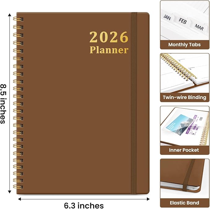 2026 Planner, Weekly and Monthly Calendar Planner, January 2026 - December 2026, Hardcover 2026 Calendar Book with Tabs For Women & Men, Inner Pocket, Spiral Bound, Perfect for Office Home School Supplies - A5 (6.3" x 8.5"), Mocha Earth
