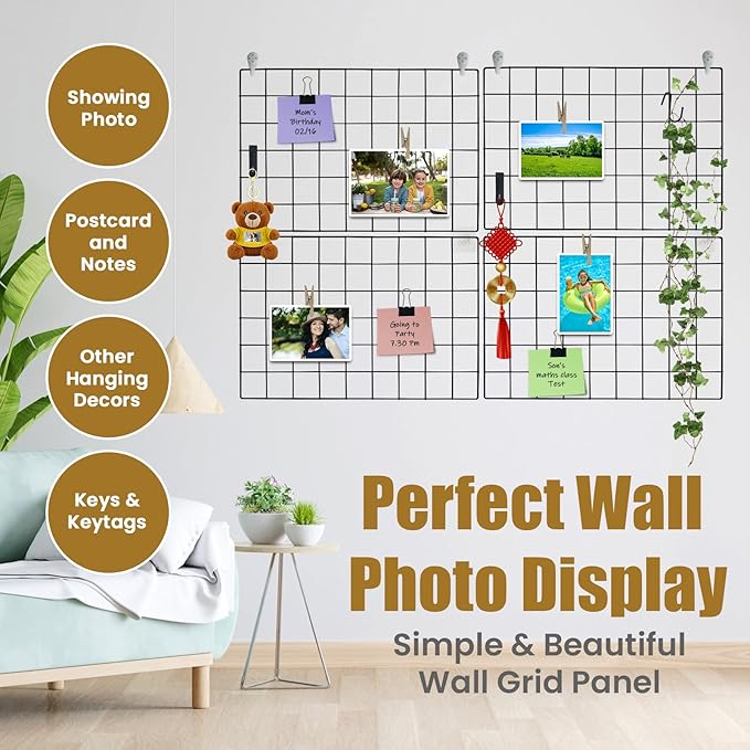 Metal Wire Wall Panel, Wire Mesh Organizer, 17.3"×11.8" Black Wall Grid, 4-Pack with Clips and Hooks