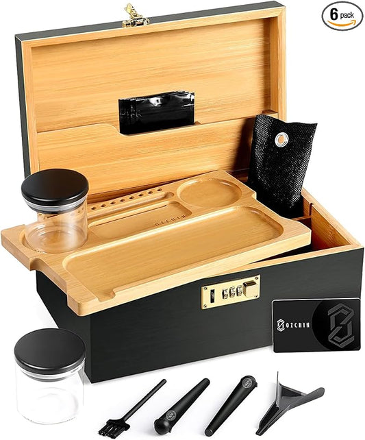 OZCHIN Large Bamboo Box with Combination Lock Decorative box for Home Great Gift Choice Storage Lockbox with Storage Jar, Christmas Gifts for Men Women