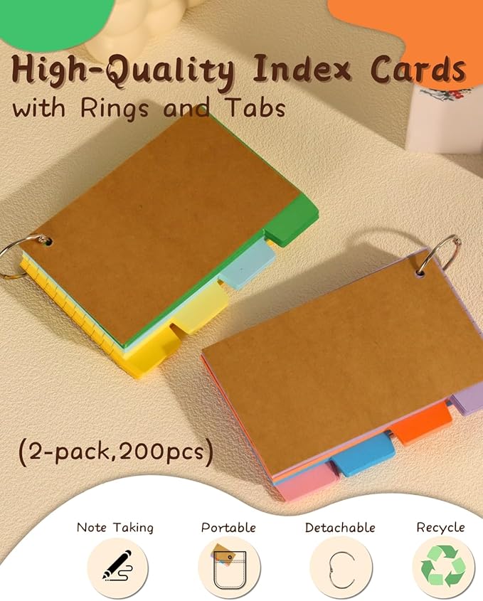 Tabbed Index Cards with Ring 3x5, Lined Colored Flash Card with Tabs, Assorted Colors Thicken Notecards School Supplies for Students Study Note Office Essentials (ColorA+ColorB, 200PCS)