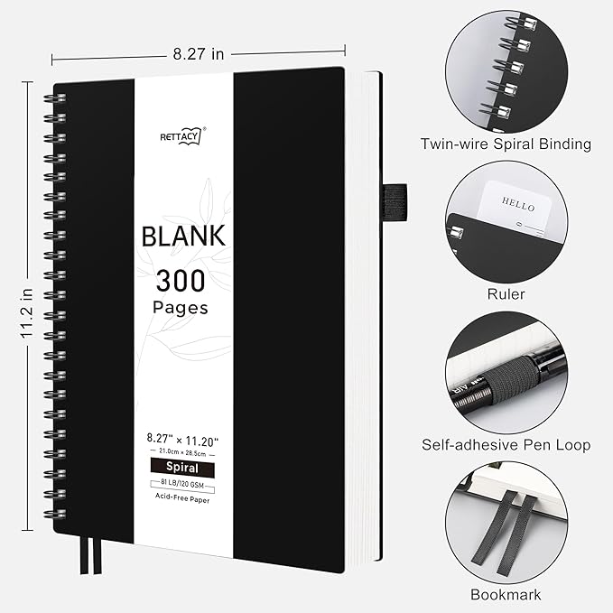 RETTACY Blank Journal Notebook, 300 Pages, A4 Large Size (8.2'' x 11.2''), 120 GSM Thick Paper, Flexible Plastic Cover, Spiral-bound, for Sketching, Drawing, Painting (Black)