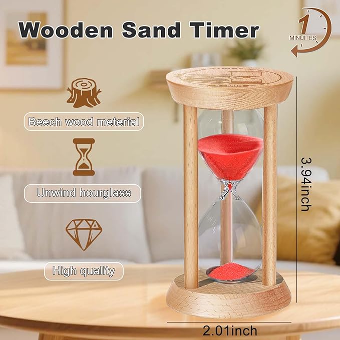 SuLiao Wooden Sand Timer 1 Minute Hourglass, Wood Red Sand Clock, Small Watch 1 Min Timer, Hour Glass Sandglass for Home, Reloj De Arena, Office, Decorative, Game, Classroom