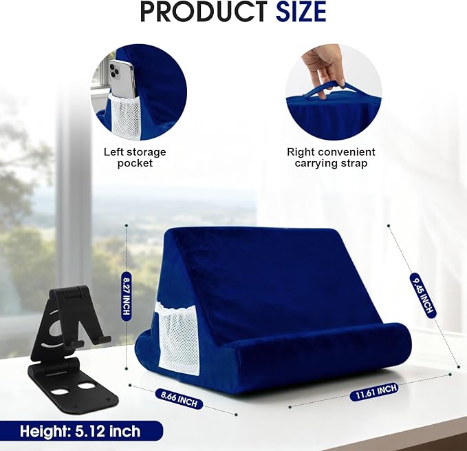 Multi-Angle Tablet Stand with Soft Pad Cushion and Net Pocket - Universal Phone and Pad Holder for Lap, Knee, Sofa and Bed (Navy Blue)