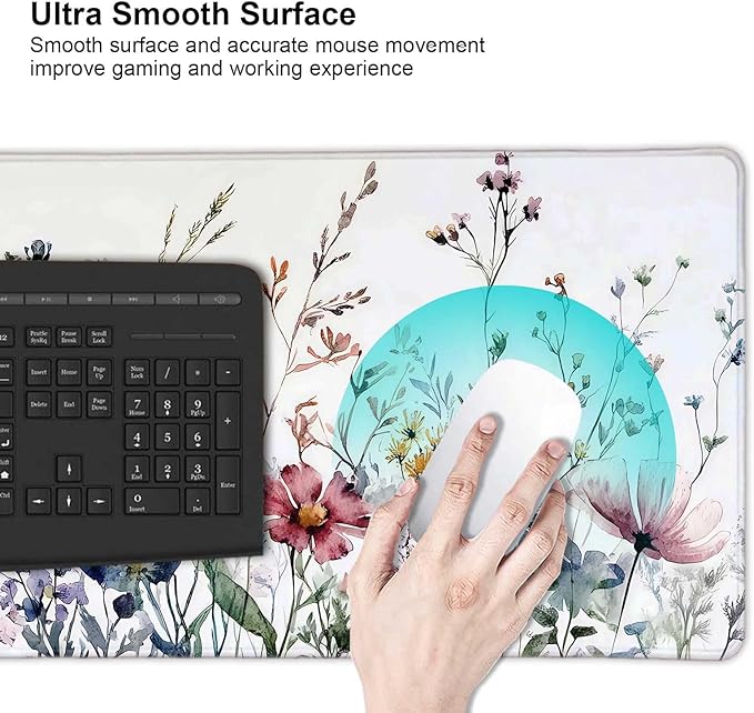 Wildflowers Flower Floral Large Mouse Pad, Desk Mat Computer Keyboard Pad Non-Slip Rubber Base Waterproof with Stitched Edges for Laptop Gaming, Office & Home 31.5 x 11.8 Inch