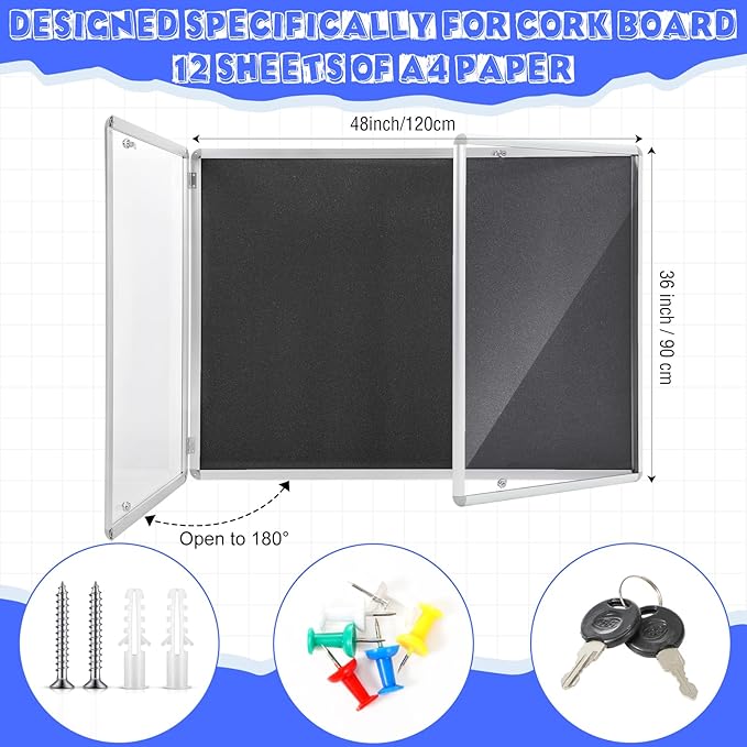 48"x36" Enclosed Bulletin Board Weather Resistant Lockable Outdoor Cork Fabric Display Board Aluminum Frame Wall Mounted 2 Locking Door for Office School Commercial 12xA4(Black, Silver Frame)