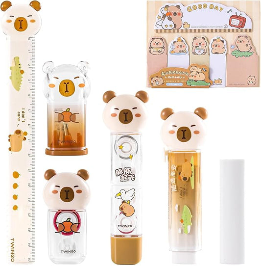 7Pcs Cute Capybara Stationary Set Kawaii School Supplies Japanese Stationery, Includes Pencil Sharpener, Eraser, Correction Tape, Glue Tape, Sticky Notes, Ruler, for Office School Supplies