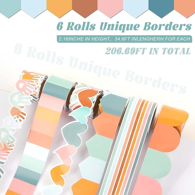 6 Rolls 206.69ft Boho Bulletin Board Decorations, Bulletin Board Borders for Classroom, Rainbow Scalloped Trim Colorful Borders for Back to School Theme Classroom Office Decor Supplies (Boho)