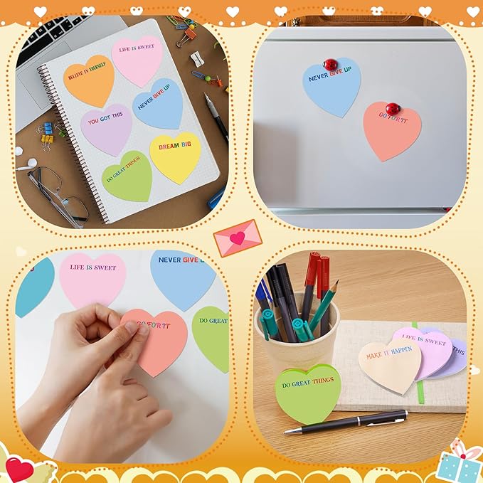 Teling 24 Pack Valentine's Day Sticky Notes Heart Shape Sticky Notes 3 x 3 Inch Motivational Notepads Bulk Cute Memo Pads for Galentines Party Gifts School Office Supplies (Pastel)