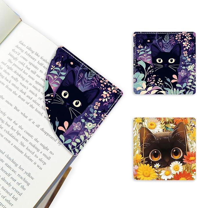2 Pack Cat Hiding in The Flowers Leather Book Corner Bookmark, Durable Handmade Reading Accessories - Gifts for Readers, Women, Men, Teachers, Students 3