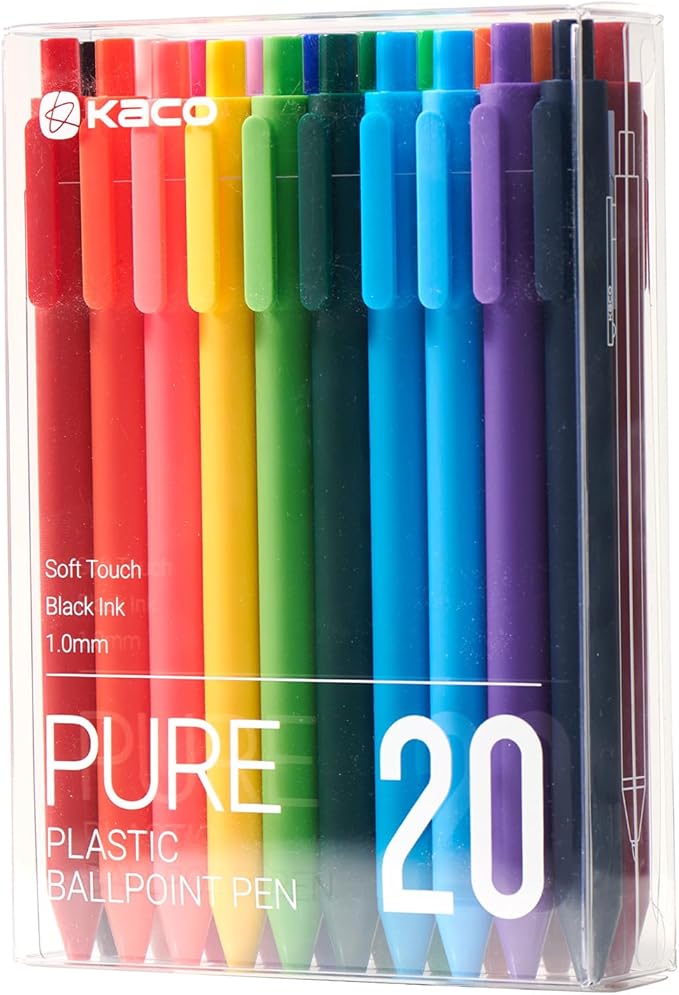 Kaco 20 Pieces Ballpoint Pens PURE, Black Ink Pens, 1.0 mm Medium Point, 20 Count Pack Pens for Journaling Note Taking