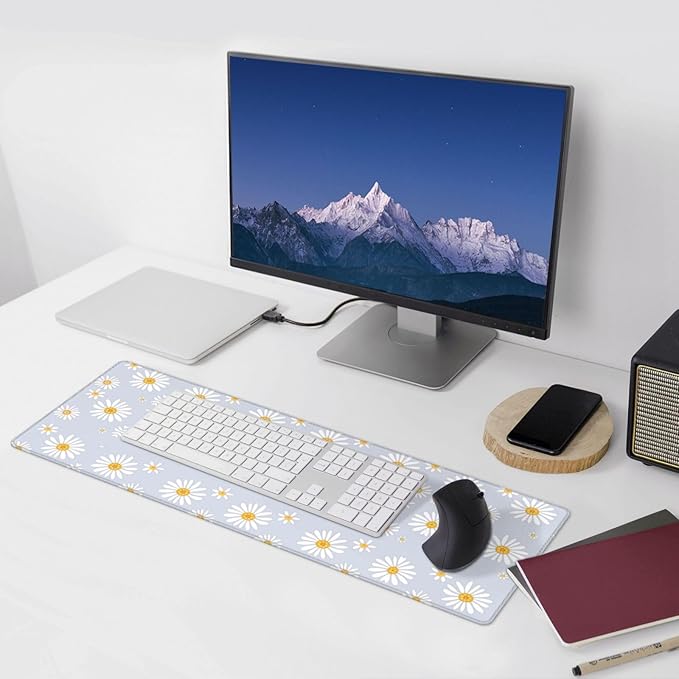 Daisy Flowers Large Mouse Pad with Stitched Edges Long Non-Slip Rubber Base Mousepad Laptop Keyboard Mat Desk Pad for Office Home Desk Decor, 31.5" X 11.8"