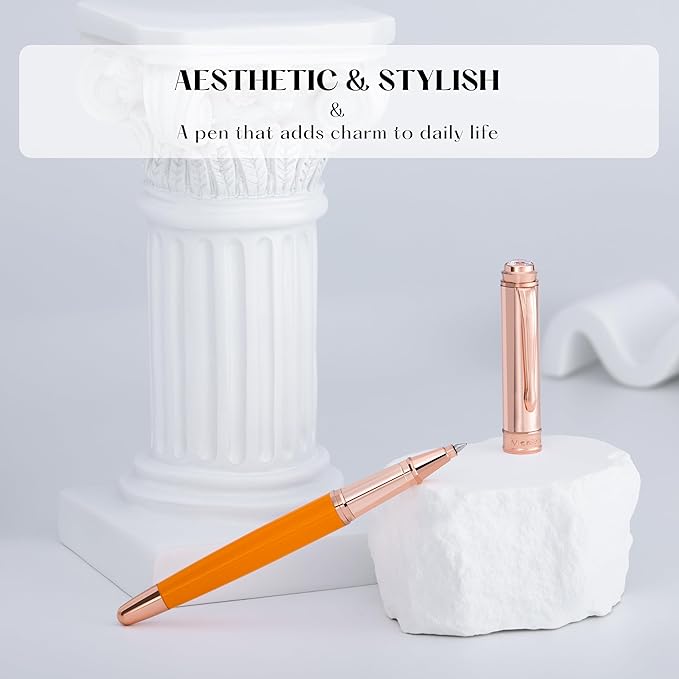 Luxury Rollerball Pen, Top Set With 8mm Brilliant Diamond,Bright Orange Lacquer,Rose Real Gold Finish, Schmidt Black Refill,Elegant Gift Pen For Women, Unique, Office,Nice Designer Pens