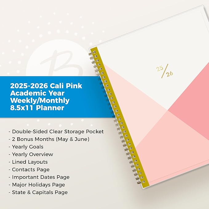 Blue Sky Weekly and Monthly Academic Year Planner Calendar, July - June, Clear Pocket Cover, Wirebound, Laminated Tabs, Cali Pink (Cali Pink- 2025/2026, 8.5" x 11")
