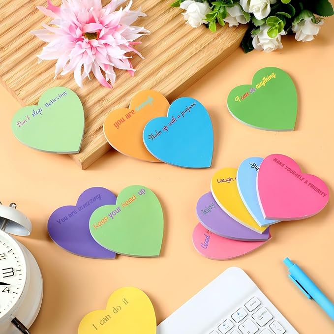 Teling 24 Pack Valentine's Day Sticky Notes Heart Shape Sticky Notes 3 x 3 Inch Motivational Notepads Bulk Cute Memo Pads for Galentines Party Gifts School Office Supplies (Bright)