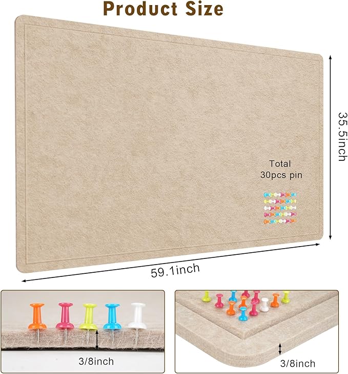 Large Cork Bulletin Board - 60 X 36 Inches With 30 Pushpins, 5' x 3' Pin Board for Walls, Self-Adhesive Felt Vision Board, Foldable Photo Board (Beige Brown)