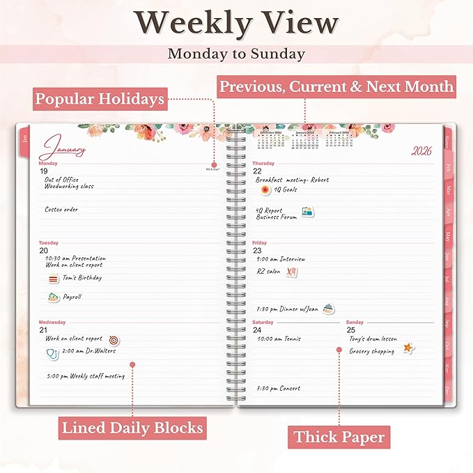 CRANBURY Large Planner 2026, 8.5x11 Weekly Monthly Calendar Agenda, from Jan to Dec Daily Organizer, Floral Theme, Spiral Bound Planner with Tabs