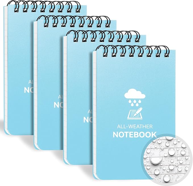 Waterproof Notebook, 4 Pack Top-Spiral Pocket Notepad, 3" x 5" Weatherproof NotePad, All Weather Police Pocket Notebook Little Memo Steno Note Pads for Outdoor Office School Recording, Blue