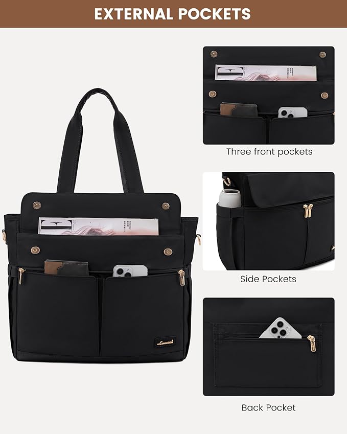 LOVEVOOK Upgrade Version Work Bags for Women 15.6 Inch Laptop Bag Large Capacity Mutiple Pockets Teacher Bag Water Resistant Canvas Tote Bag Purse for Office Travel College Nurse Teacher, Black