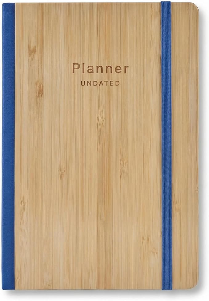 Bamboo Cover Undated Portable Planner Notebook – Daily, Weekly & Monthly Organizer, Lay-Flat A5 (5.7” × 8.3”), 100 GSM Paper, 160 Pages, 4-Month Layout (Blue)