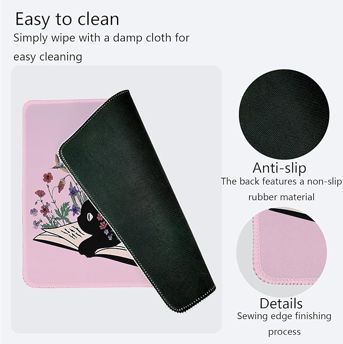 Kawaii Mouse Pads,Cute Black Cat Mouse Pad,Girly Pink Floral Desk Mat for Home Office Dorm Desktop Decor,Cat Lover Gift,10.2x8.2 Inch