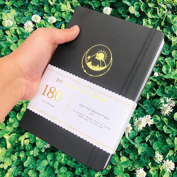 BUKE Dotted Notebook Journal 180GSM Bamboo Thick White Paper 160 Pages 5 * 5MM Dot Grid, Lay Flat Binding,Colored Silver Edges, Bookmarks and Expandable Back Pocket (BKP-2)