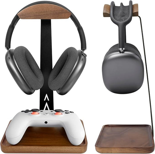 GEVO Walnut Headphone Stand, Wood Headset Stand for Desk, Universal Headphone Holder Gaming Headset Rack with Storage Base Compatible for AirPods Max, Bose, Razer, Sennheiser, Jabra, JBL, AKG