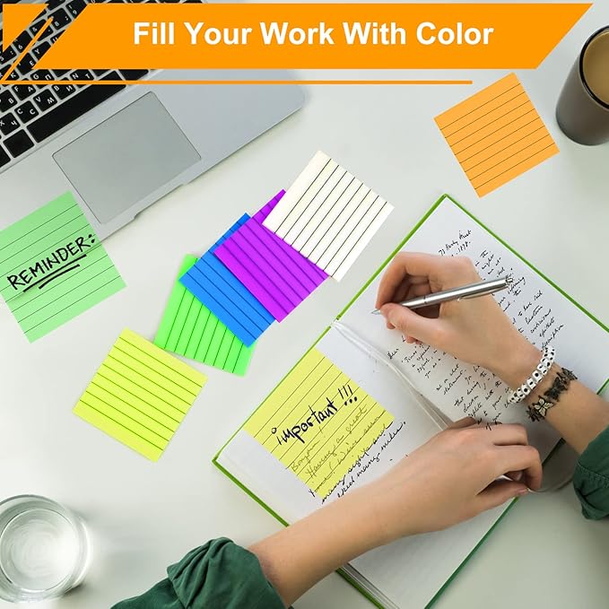 300 Sheets Lined Transparent Sticky Notes, 3x3 Inch 6 Colorful Clear See Through Translucent Self-Adhesive Post Memo Reminder Tabs with Line for Office Woman College School Students Classroom Supplies