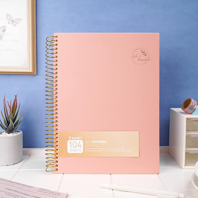 FLYING EAGLE 3 Subject Notebook Large Spiral Notebook 8.5 X 11, Pink Notebook for Women Men, 100 GSM Thick Paper 104 Sheets, Hardcover Notebook for Work, School, Writing, Note Taking Pink