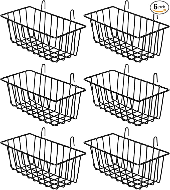 6 Pack Wire Baskets, Hanging Basket for Wall Grid Panel Organizing, Display Wall Baskets for Kitchen, Home Decor, Grid Accessory, Black