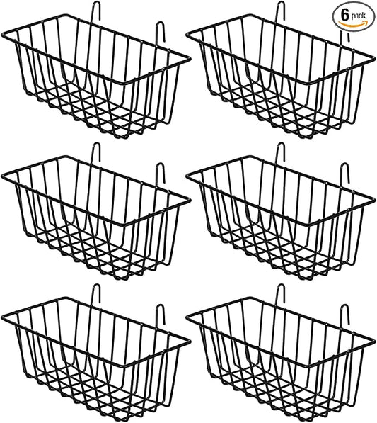 6 Pack Wire Baskets, Hanging Basket for Wall Grid Panel Organizing, Display Wall Baskets for Kitchen, Home Decor, Grid Accessory, Black