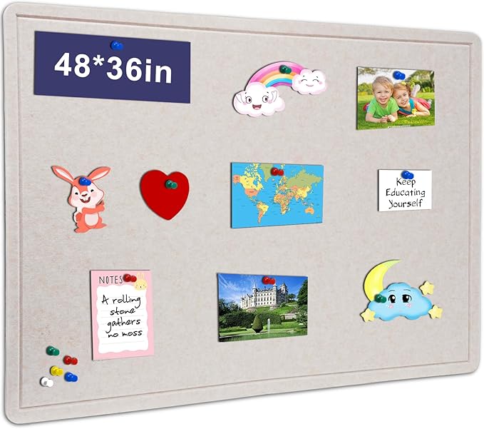 Large Bulletin Board, 48 X 36 inches Felt Board Notice Pin Board, 4' x 3'Cork Board Alternative for Wall, Self-Adhesive Vision Board Mood Board Foldable Photo Board with 30 Pushpin (Oatmeal)