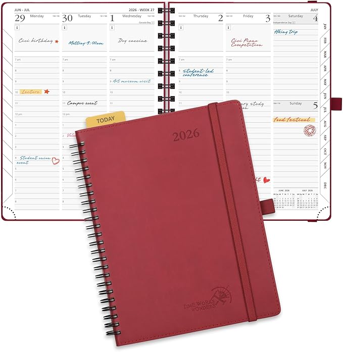 POPRUN 2026 Planner (Medium - 6.5'' x 8.5'') with Hourly Schedule & Vertical Layout - 2026 Weekly Calendar (Jan. 2026 - Dec.2026) for Time Management, Monthly Tabs, Spiral Bound, Soft Cover - Burgundy Red