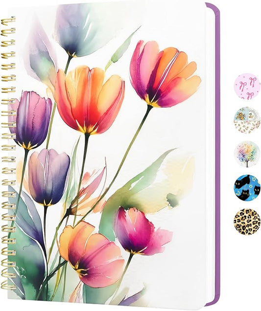 Stanoha Cute Spiral Notebook A5 Journal for Women Girls Kawaii Aesthetic Pretty Floral Design with Pocket, 8.5 x 5.7 inch, Line, Watercolor Flower
