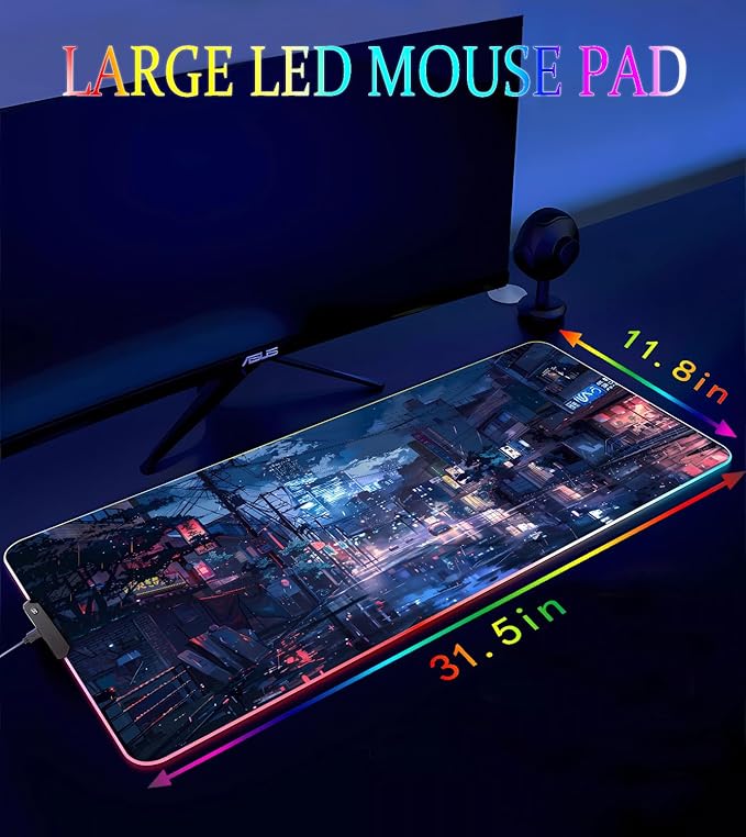 RGB Gaming Mouse Pad, Large Mousepad with Led Light, Gaming Accessories Keyboard Pad for Desk, Non-Slip Rubber Base Big Mouse Mat for Gamer, 31.5 X 11.8 Inch, Japanese Streets