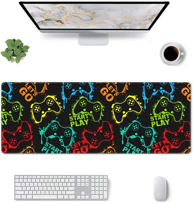 Colorful Silhouettes Game Joystick XL Large Mouse Pad with Stitched Edges Long Non-Slip Rubber Base Mousepad Laptop Keyboard Mat Desk Pad for Office Home Desk Decor, 31.5" X 11.8"