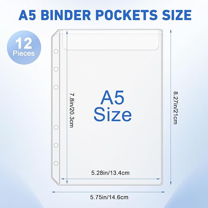 Antner 12PCS A5 Binder Pockets No Zipper 6-Hole Budget Cash Envelopes for Small Refillable Notebook, Zipless A5 Planner Inserts Binder Pouches Loose Leaf Money Organizer Bags for Saving Challenge