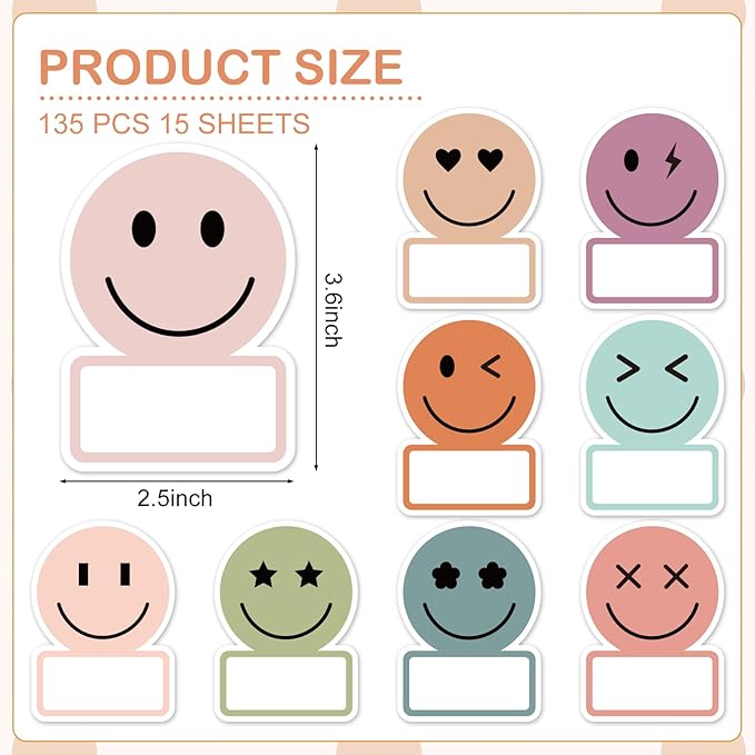 Whaline 135Pcs Boho Smile Face Name Tag Stickers 9 Designs Nameplate Stickers Cute Classroom Bulletin Board Decoration Label Stickers for Office School Desk Wall Decor