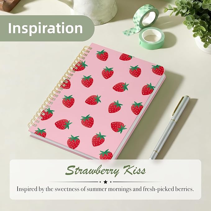 Stanoha Cute Spiral Notebook A5 Journal for Women Girls Kawaii Aesthetic Pretty Floral Design with Pocket, 8.5 x 5.7 inch, Graph, Strawberry
