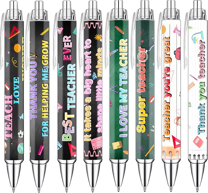 Teacher Appreciation Week Ballpoint Pens Set of 8 – Teacher Theme Pens with Book, Pencil & Classroom Supply Designs and Inspiring Quotes – Smooth Black Ink Pens for Classroom, Office, Thank You Gifts