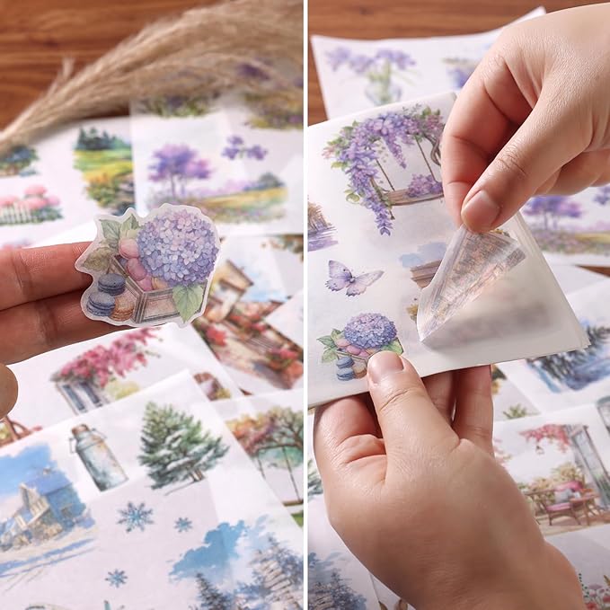 Scrapbook Stickers 50 Sheets Seasonal Landscape Sticker 400 Pre-Cut Washi Stickers Scrapbooking Supplies Collage Decorative DIY Arts Craft Making