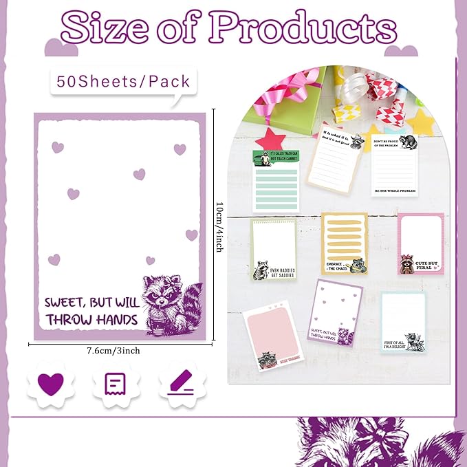 Raccoon Sticky Notes Gifts, 9 Pack Funny Raccoon Notepads 3x4 Inch, Animals Themed Self-Stick Memo Pads, Office School Supplies for Men Women, Funny Gifts for Students Coworkers (450 Sheets)