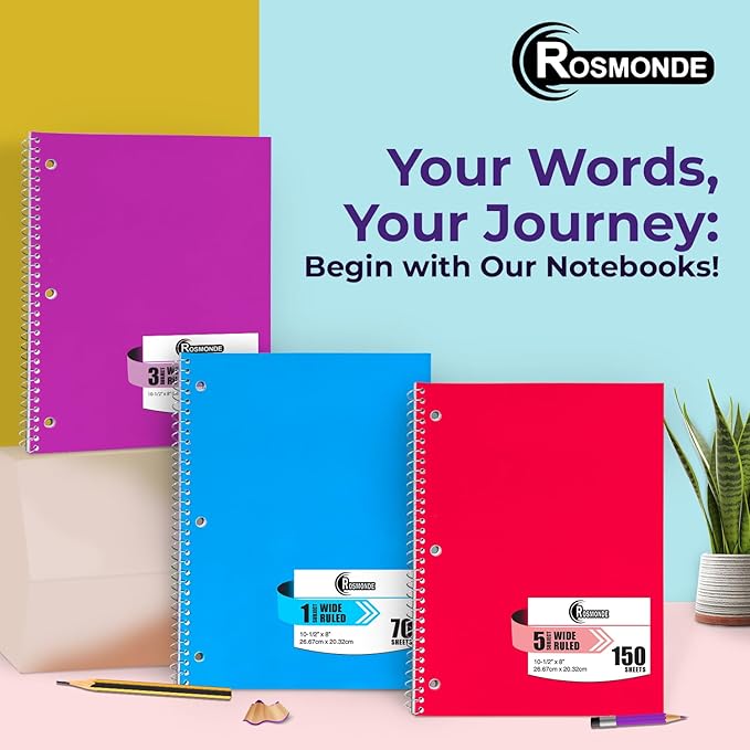 Rosmonde 1 Subject Notebook Wide Ruled, 6 Pack, 70 Sheets (140 Pages), 8 x 10-1/2, 3 Hole Punched Notebooks, Thick No-Bleed Paper, Sturdy Back, Wide Ruled Notebook for School & Office, Assorted Colors