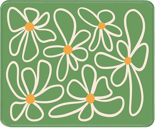 Green Daisy Flower Desk Pad Mat with Stitched Edges and Non-Slip Rubber Base, Premium-Textured Mouse Pad for Laptop, Computer & PC, Gaming & Working, Waterproof Mousepad