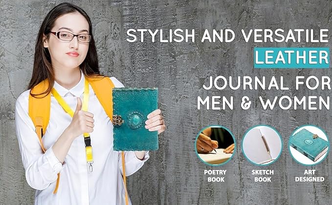 TUZECH Leather Journal Large Writing Notebook Handmade Bound Vintage Journal For Women & Men with Lock/Semi-Precious Stone Gift For Art Sketchbook (7 x 5 Inches)