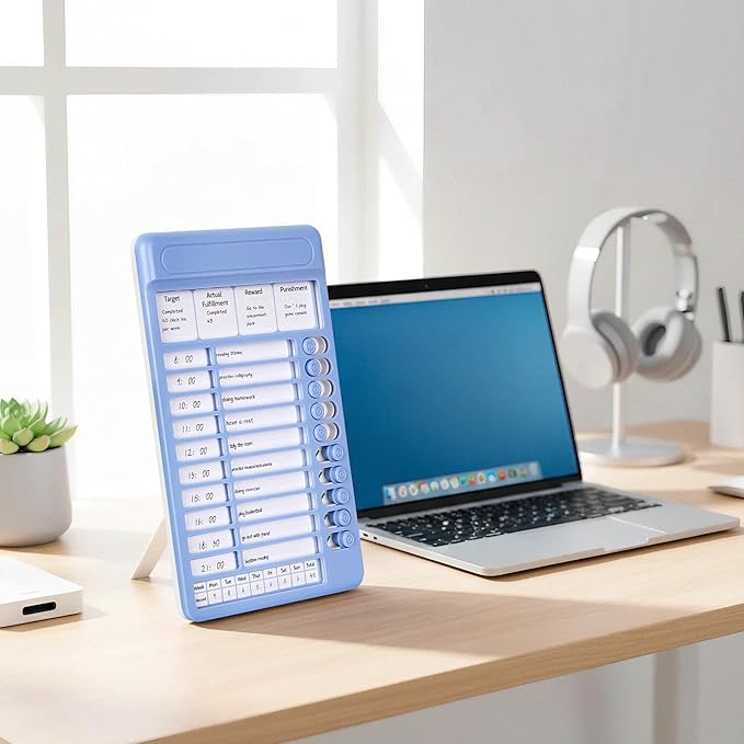 ADHD Kids Daily Schedule Reminder Punch Card Device, Boys & Girls Self-Discipline Trainer, Visual Habit Tracker with Replacement Record Sheets (Blue)